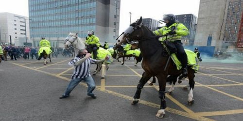 Newcastle fan punches police horse!