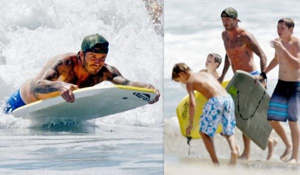 David Beckham goes surfing in Malibu with his sons