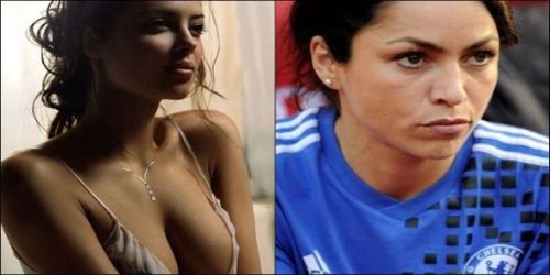 Jon Obi Mikel has a cheeky look at Chelsea physio Eva Carneiro behind!