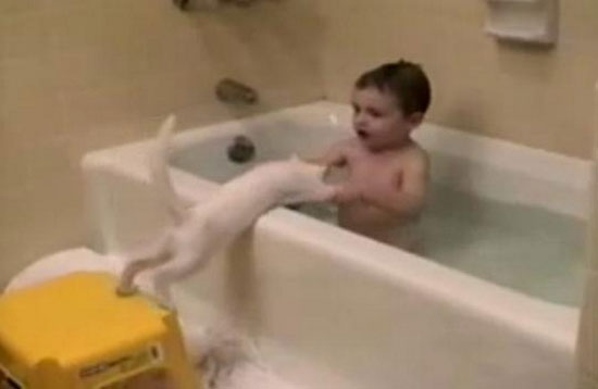 Baby having bath with a cat!