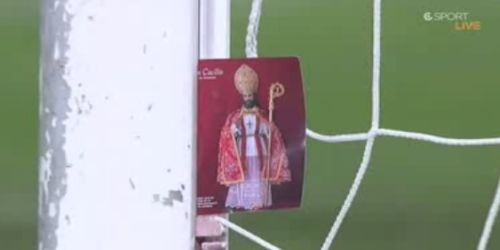 A goalie stuck a picture of a Christian priest in his crossbar