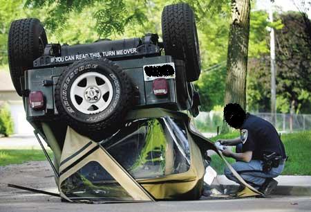 See how you can turn over a Jeep with no obstacle in front of him!