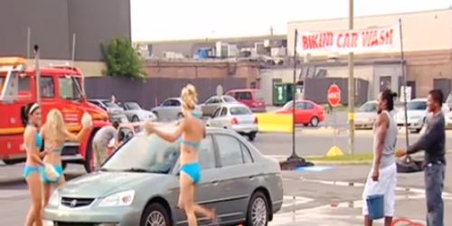 Sexy bikini girls wash cars