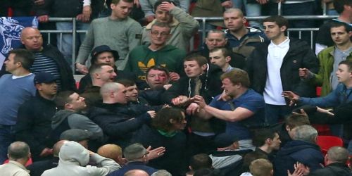 Millwall fans brawl in stands at Wembley Stadium